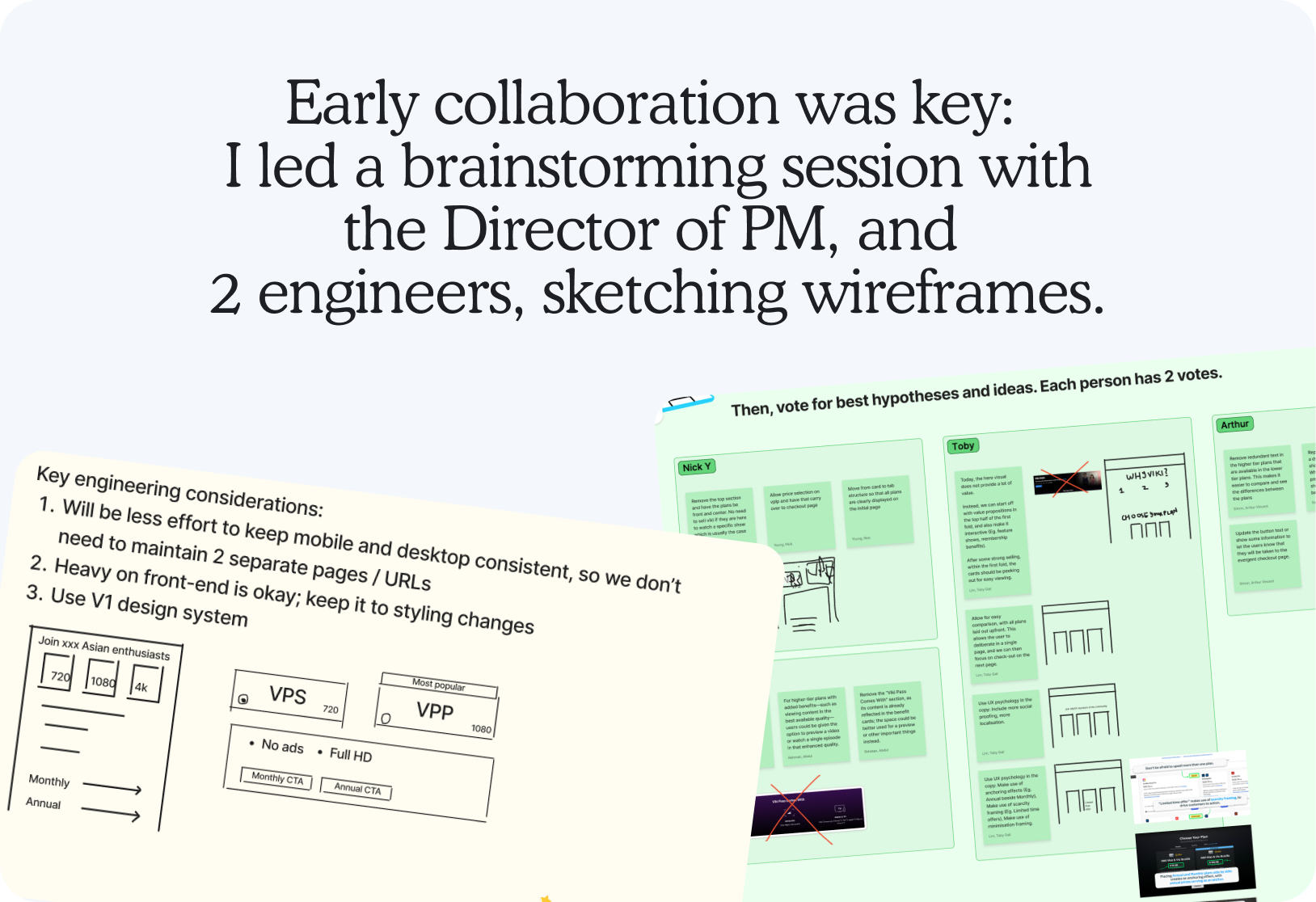 Early collaboration was key: I led a brainstorming session with the Director of PM, and 2 engineers, sketching wireframes. Workshop artifacts — key engineering considerations, low-fidelity wireframes, and sticky-note voting on the best hypotheses and ideas